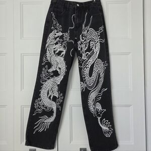 Black Denim Jeans Chinese Dragon Graphic